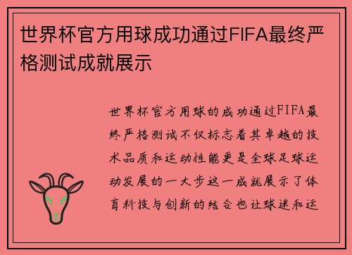 世界杯官方用球成功通过FIFA最终严格测试成就展示